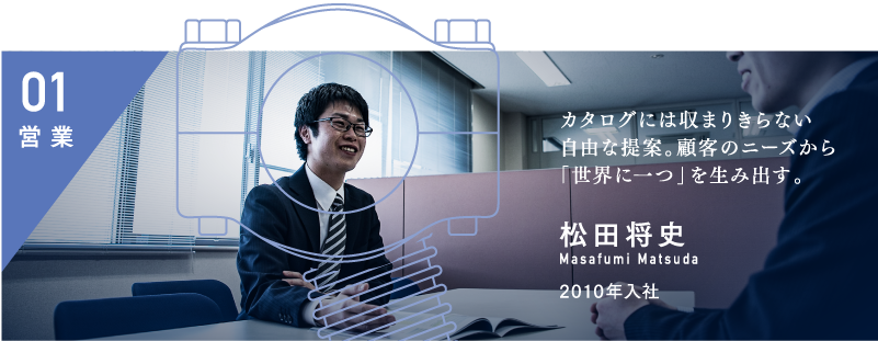 営業 カタログには収まりきらない自由な提案。顧客のニーズから「世界に一つ」を生み出す。 松田将史 Masafumi Matsuda 2010年入社